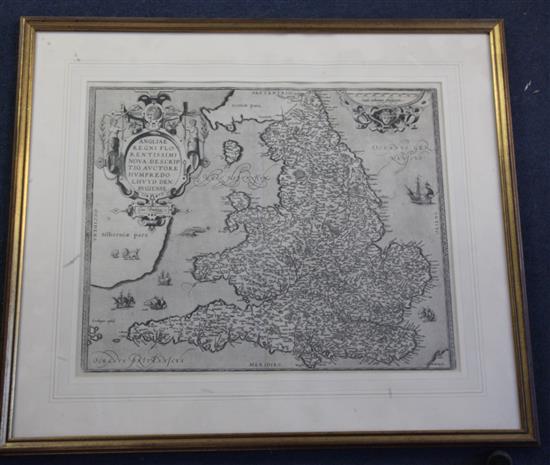 Abraham Ortelius Map of Angliae Regni, 1573 15 x 18.5in.